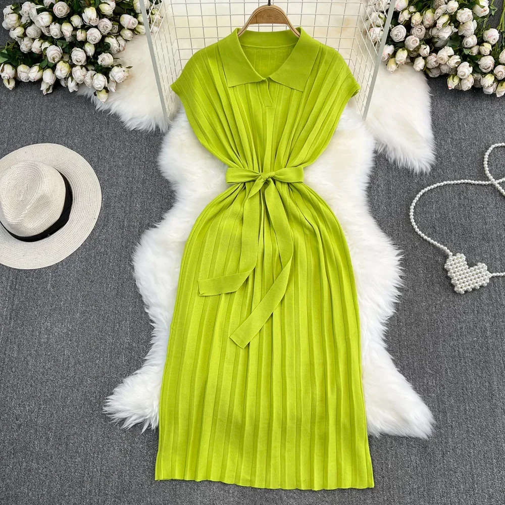 Dress Women Lace Up Dresses Knitted High Waist Polo Neck Slim Bodycon Short Sleeve Vintage Vestidos Elegant Bow White Y2k Summer