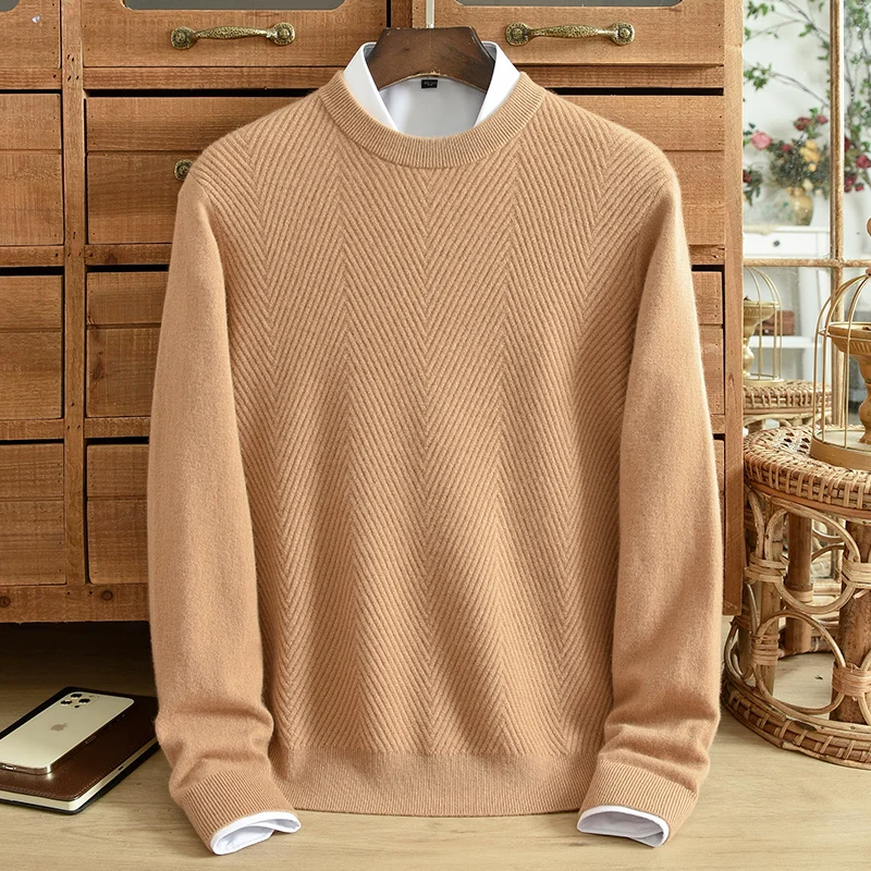 Winter New Pure Cashmere Sweater Men's Round Neck Pullover Jacquard Solid Color Youth Casual Knitting High Grade Sweater