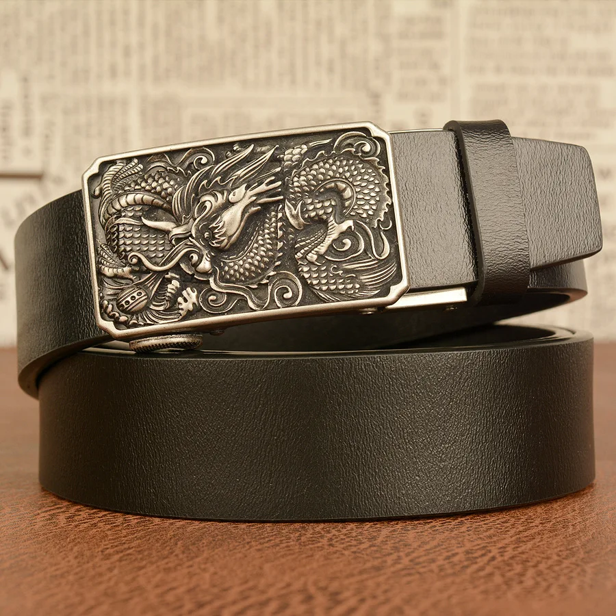 SupSindy New Men Genuine Leather Belt Luxury Gold Dragon Metal Automatic Buckle Cowhide Belts for Men Jeans Waistband Male Strap