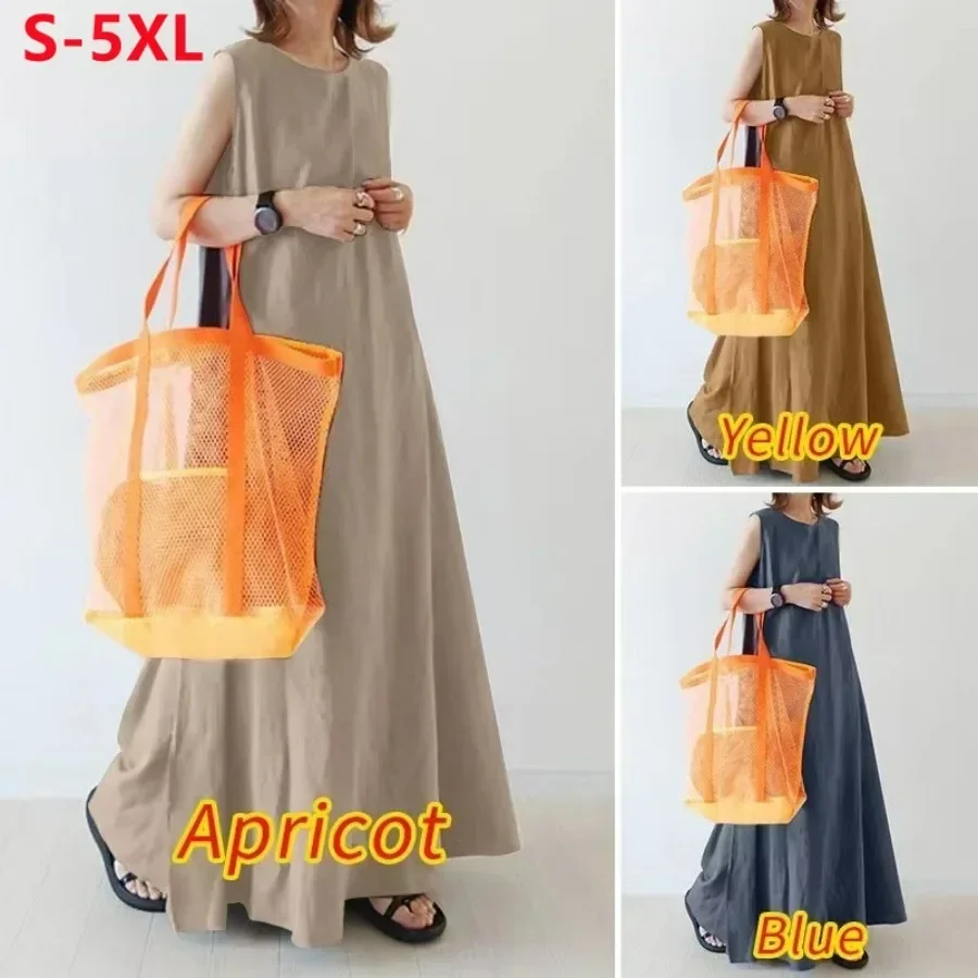 New 2024 Women's Summer Loose Long Maxi Dresses O-neck Solid Korean Style Pleated Dress Streetwear Women Elegant Robe Clothing