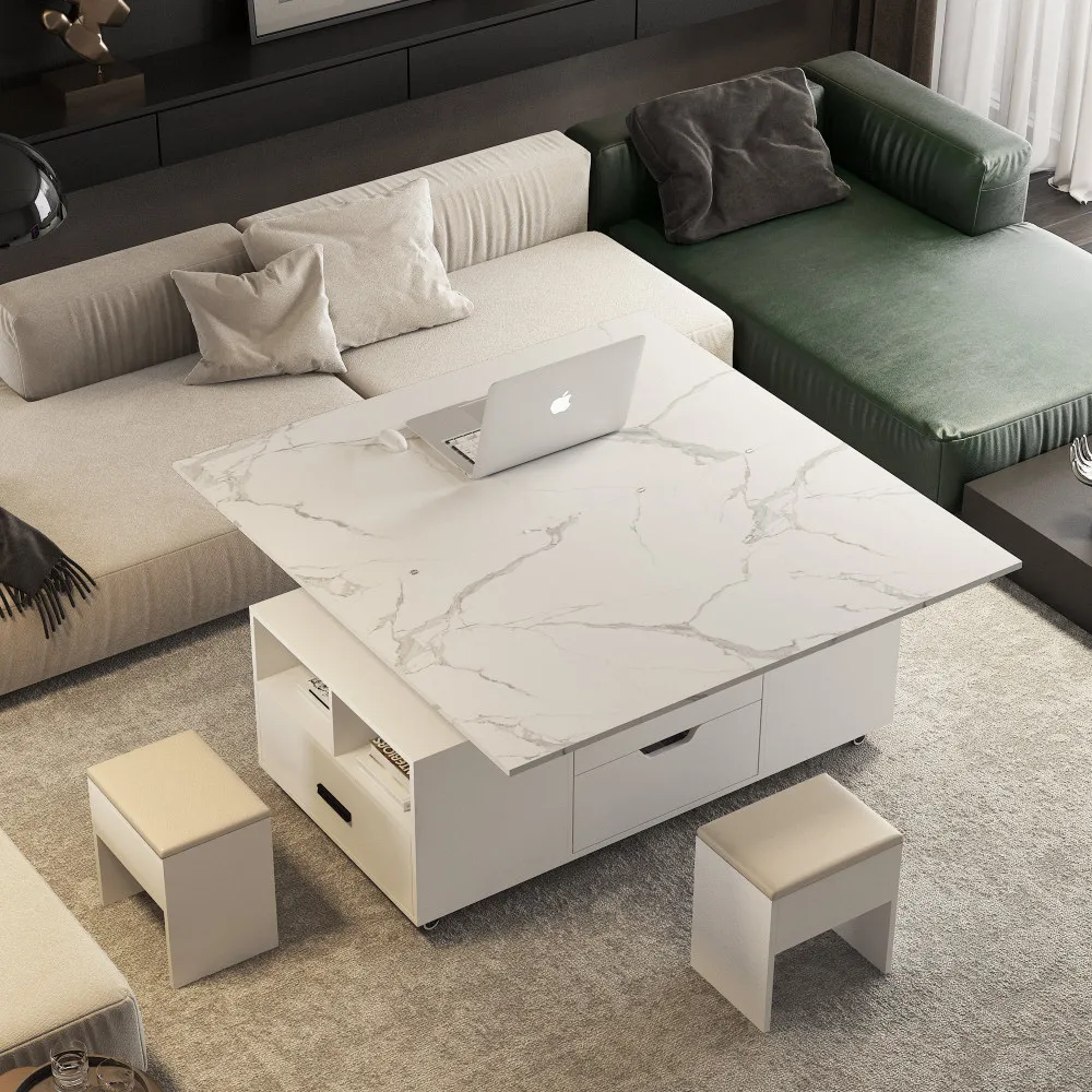 

Modern Lift-Up Coffee Table with 2 Stools Set for Living Room Expandable Hidden Storage + Drawers