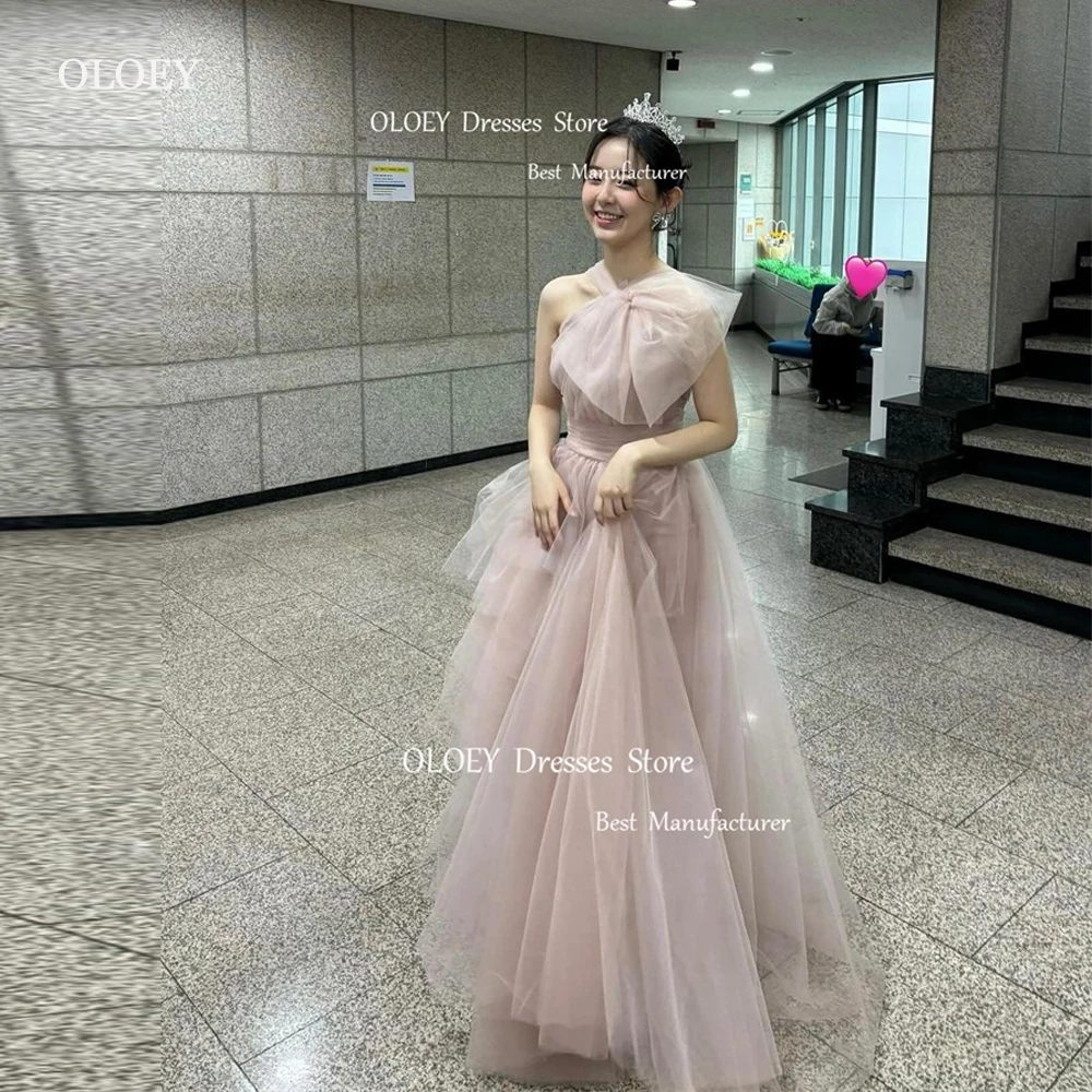 Oloey fada empoeirado rosa tule vestidos de noite coreia casamento photoshoot arco até o chão vestidos de baile personalizado vestido de festa longo