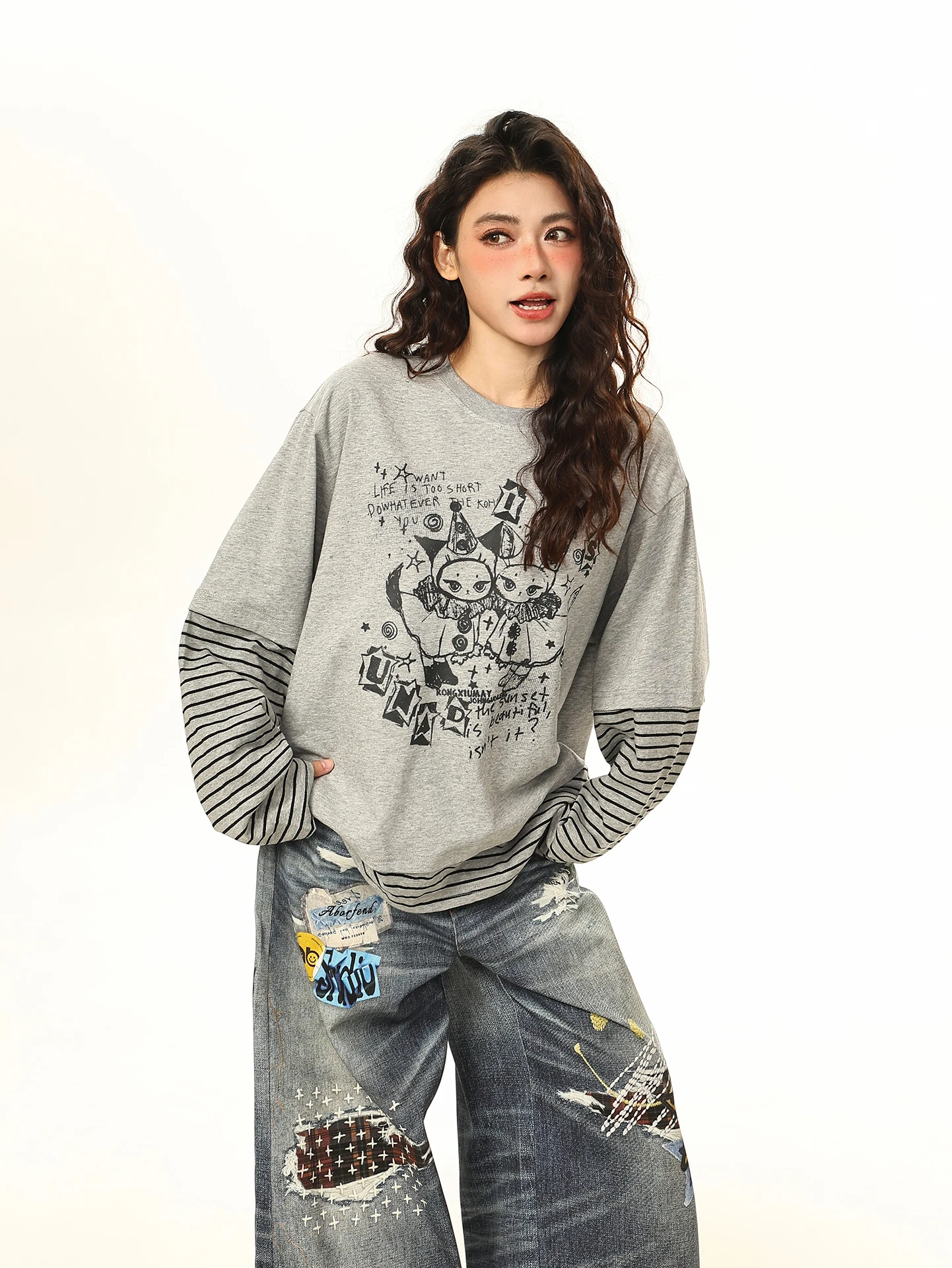 

Boeax American Retro Striped round Ne Long Sve T-irt Women Spring Loose Cool Sweet Top Breathable Comfortable Skin-Fri...