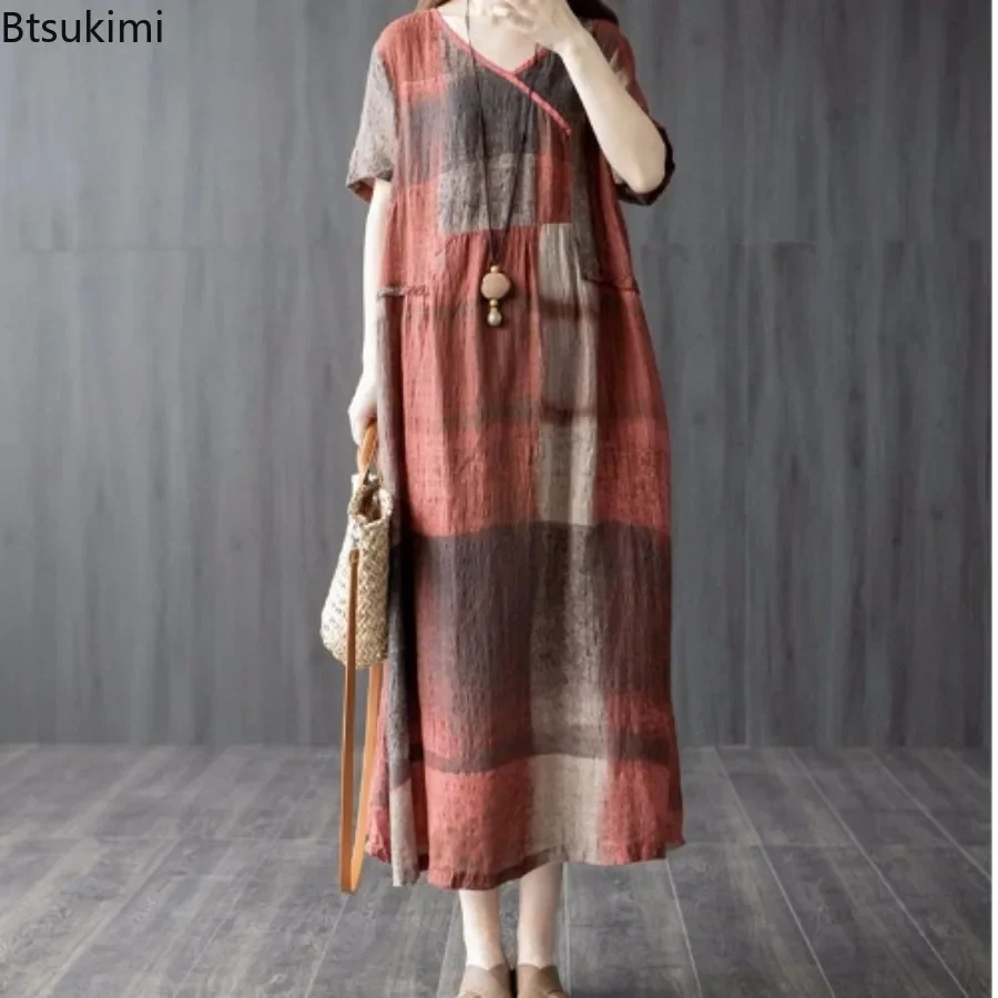 New 2024 Women's Summer Casual Vintage Dress Plaid Cotton Linen Comfortable Loose Casual Long Dress Oversized Female Vestidos