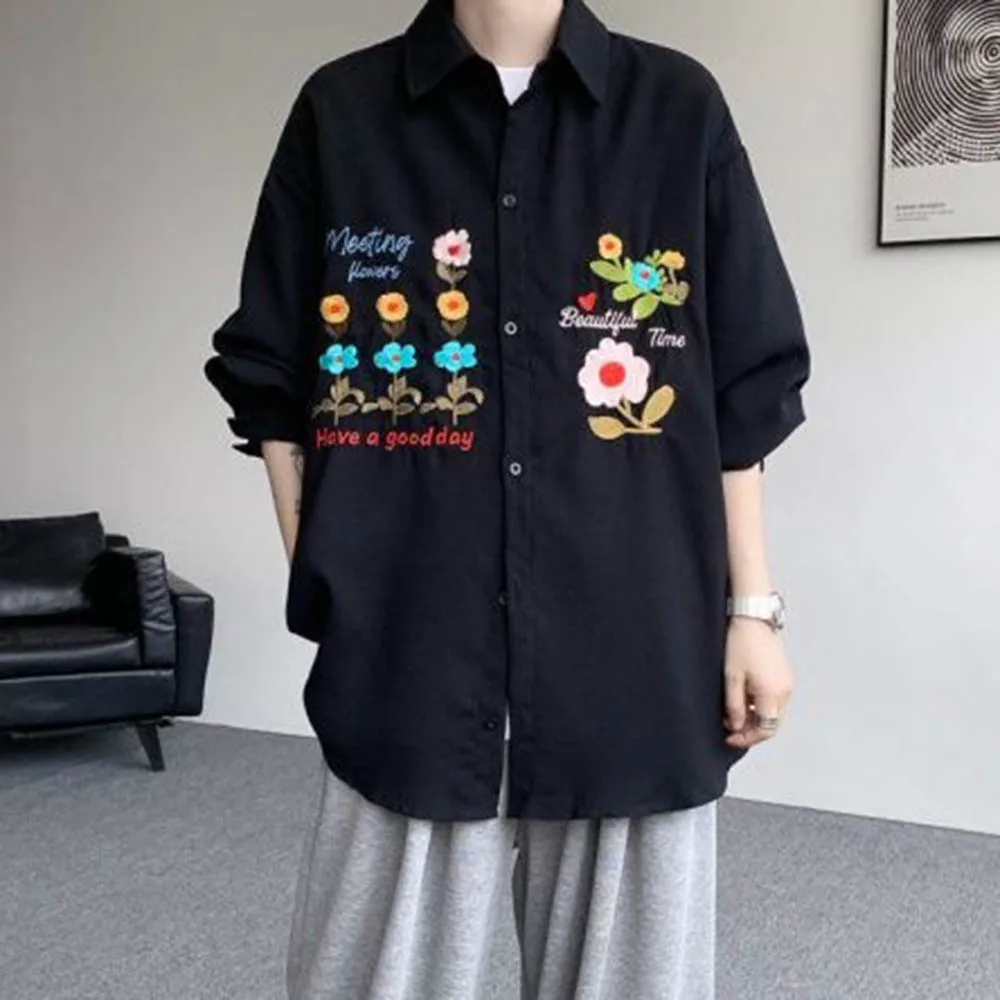 

Men's Floral Embroidered Long-Sleeved Shirt Japanese Retro Fashion Trend Street Loose Casual Breathable Niche Autumn Men's Tops