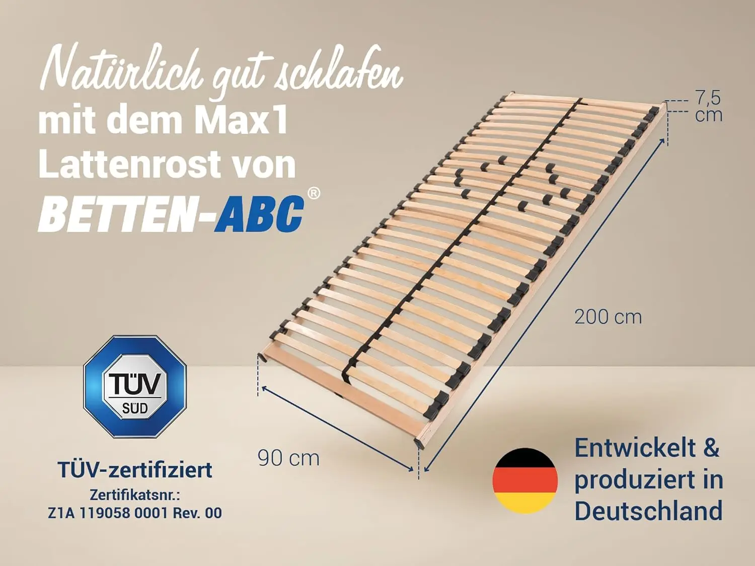 etten-ABC Max 1 NV Lattenrost zur Selbstmontage, mit 28 Leisten und Mittelzonenverstellung, für alle Matratzen geeignet, 90 x 2
