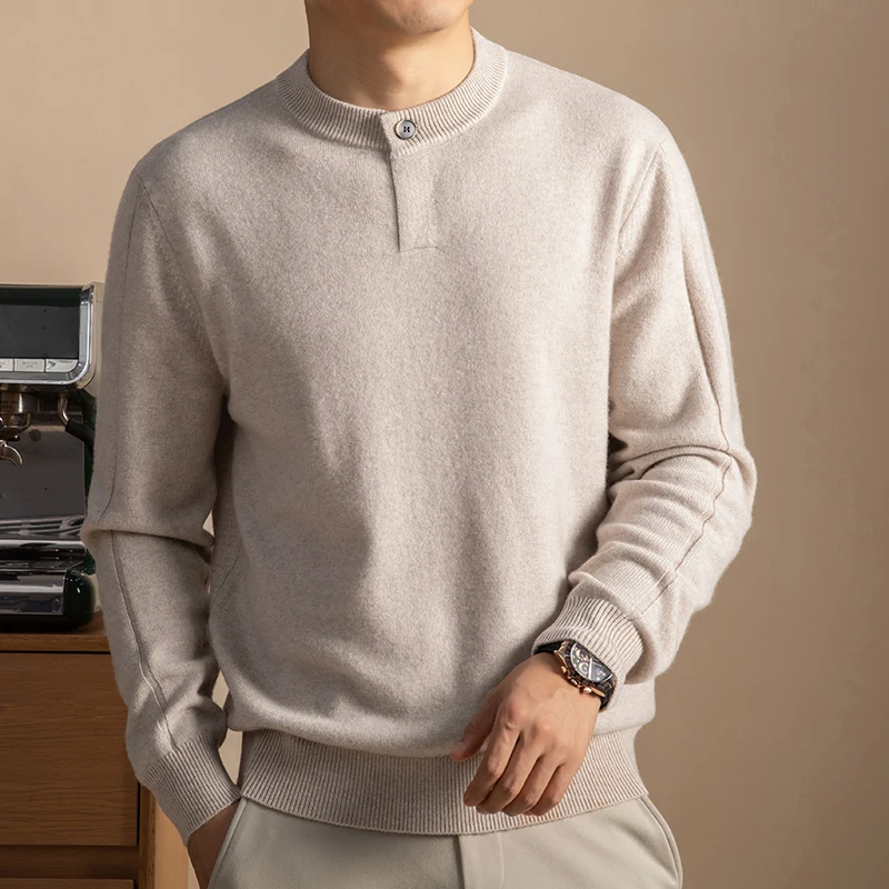 

Real Goat Cashmere Henry Collar Clothes Men Trendy One Button Warm Sweater Long Sleeve Cashmere Wool Jumper Pullover Tops