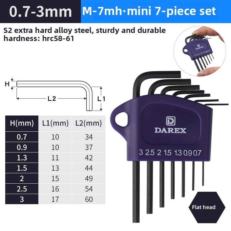  DAREX Metric Ball End Short Tail Hex Key Set 7/9 Piece Short Arm Extended High - Quality Hex Wrenches for Various Tasks 