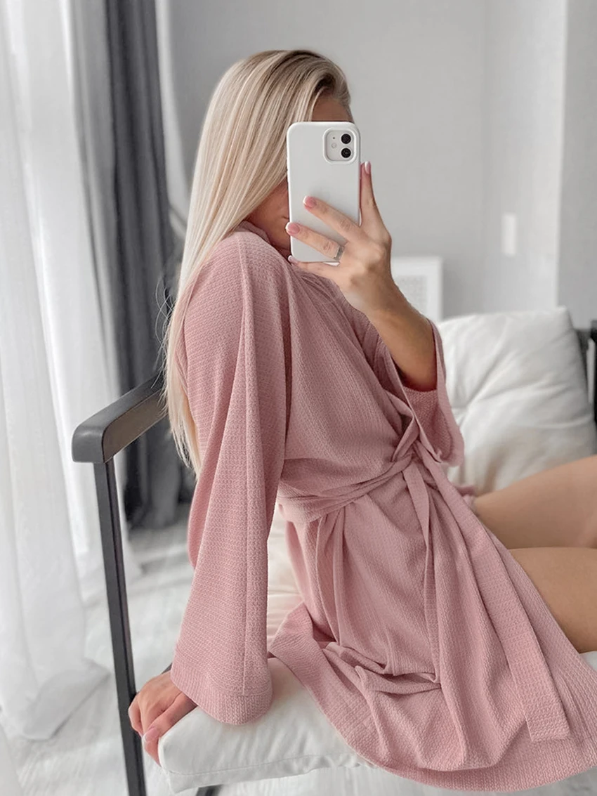 Marthaqiqi Casual Female Sleepwear 3 Piece Suit Tank Tops Pajamas V-Neck Nightie Long Sleeve Nightwear Shorts Women Home Clothes