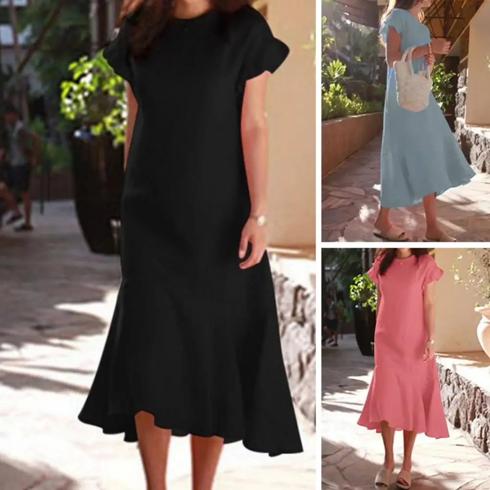 

Female Clothing 2023 New Round Neck Short Sleeved Cotton Dress with Oversized Loose Long Dresses Fashionable Casual Streetwear