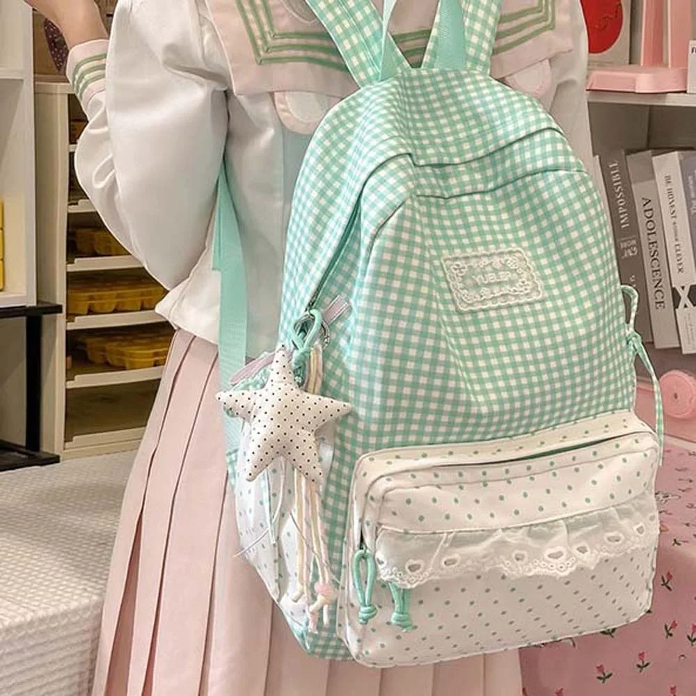 Korean Style Plaid Backpack Pastel Color Lightweight Lace Schoolbag Ruffle Design Zipper Closure Gingham Daypack
