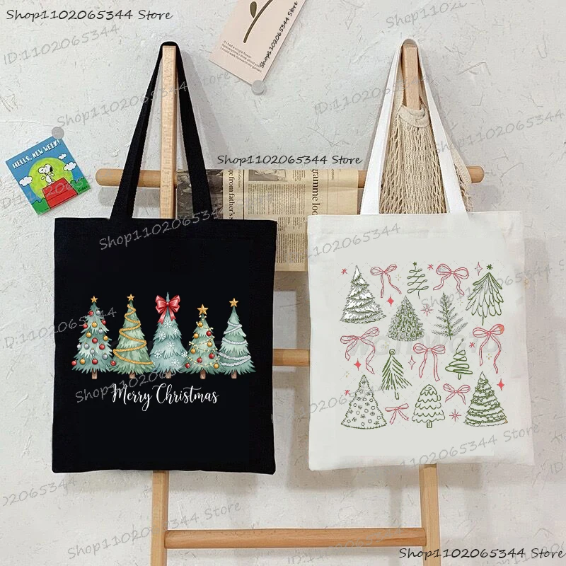 

Aesthetics Christmas Tree Print Women Men Canvas Shoulder Bag Fashion Vintage Merry Christmas Casual Shopping Bag Y2K Tote Bags