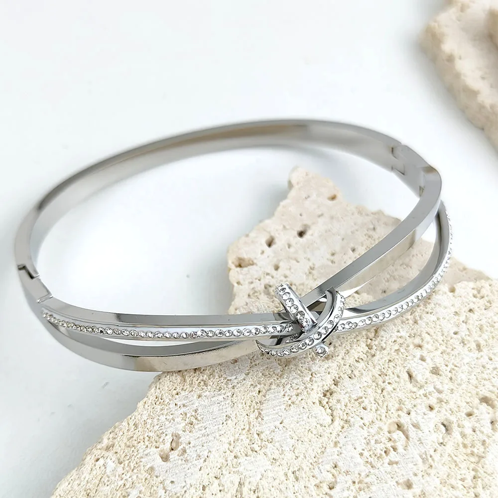New bow zircon stainless steel gold plated 18K bracelet, high quality waterproof silver jewelry, gift for wife