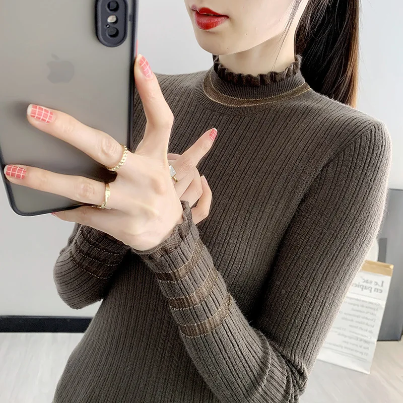 سترة نسائية محبوكة بقصة ضيقة طويلة Sve بياقة عالية لون نقي طاقم Ne بلوفر دانتيل طبقة أساسية