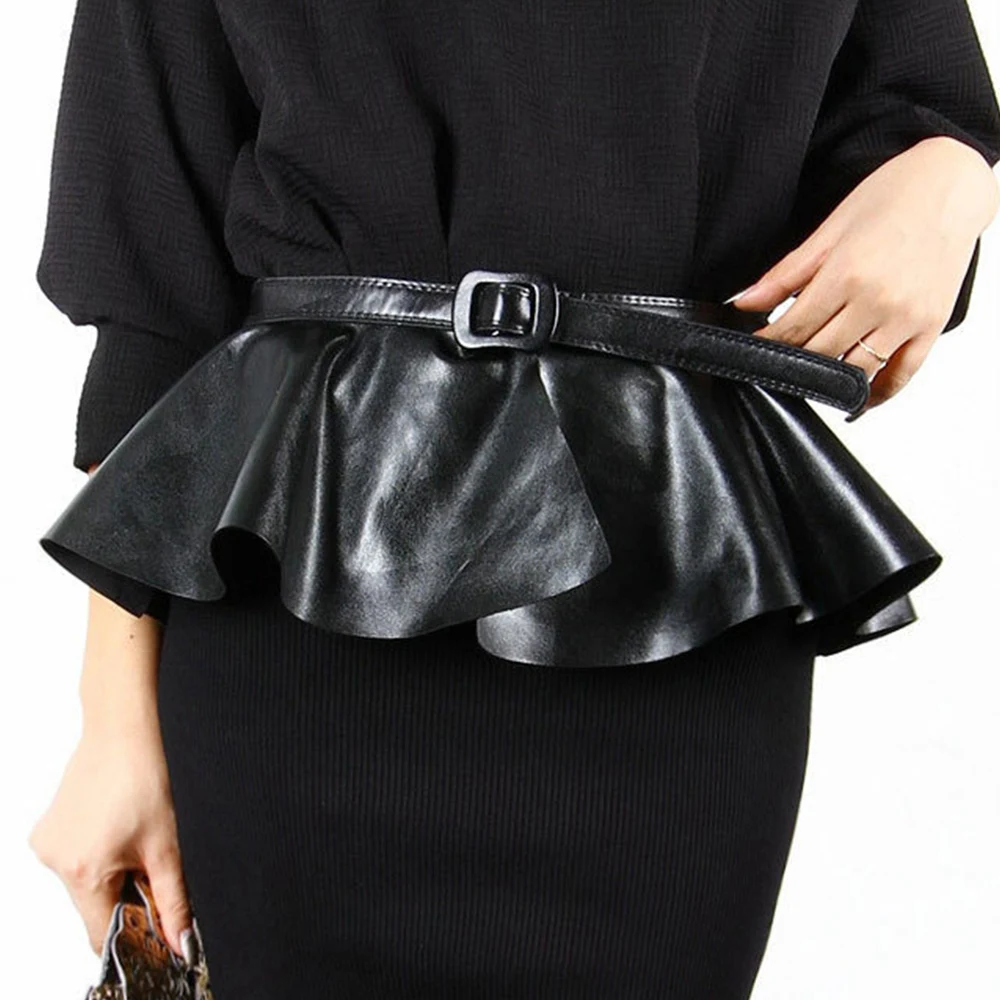 

Women Pleated Skirt Wide Belt Pu Leather Black Irregular Wide Belt Dress Decorative Waistband New Fashion Personality Cummerbund