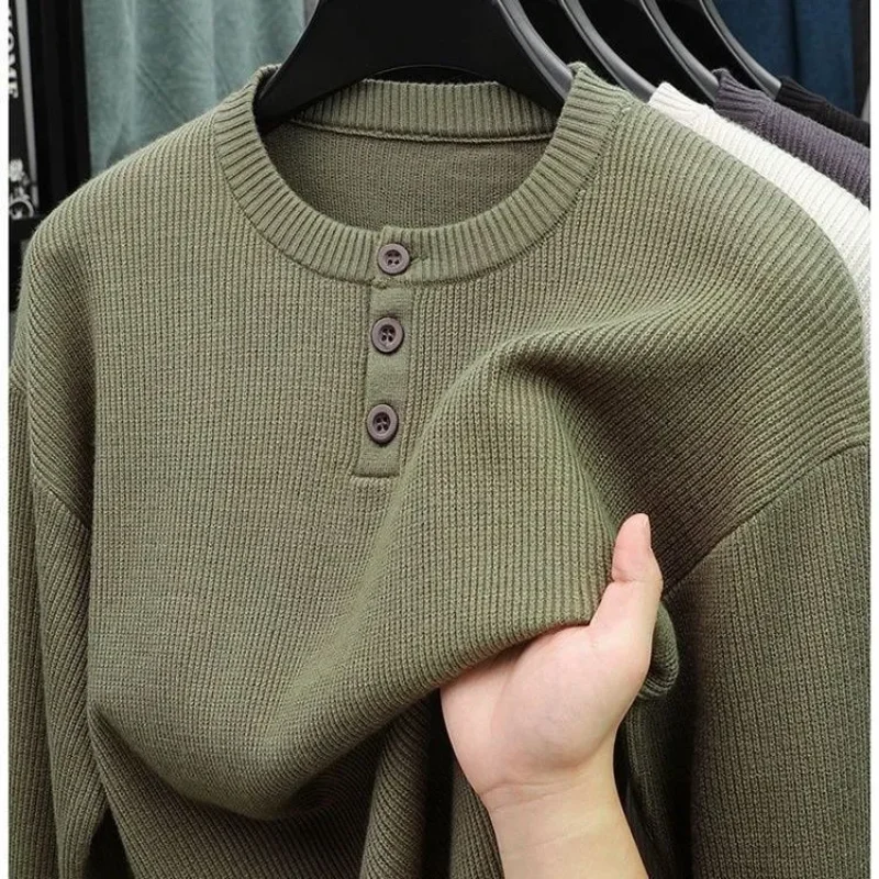 

Осенне-зимний мужской вязаный свитер с круглым вырезом и пуговицами в стиле ретро, новая повседневная верхняя одежда, универсальный топ со свободной подошвой