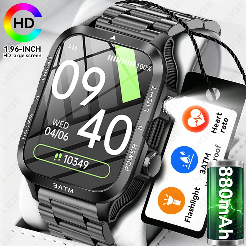 

LIGE 2026 Rugged Military Smart Watch Men Outdoor Watches IPX8 Waterproof 1.96" Al Voice BT Call Man Smartwatch For Android iOS