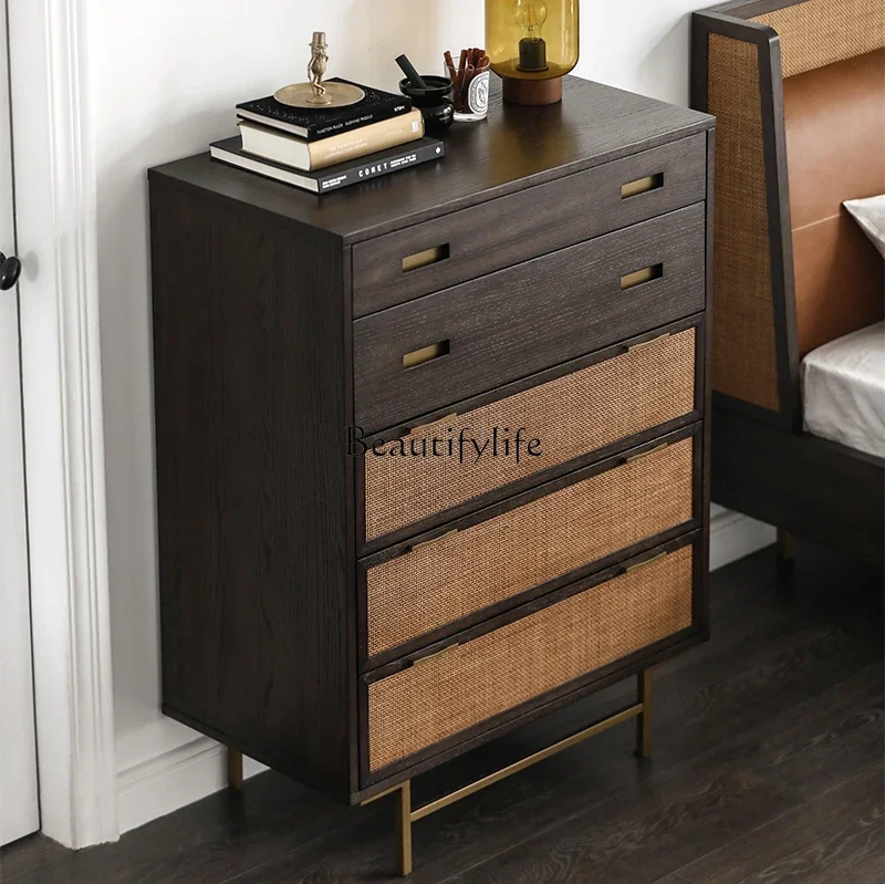 

01Nordic expression medieval retro wabi wind solid wood rattan chest of drawers underwear storage drawer cabinet