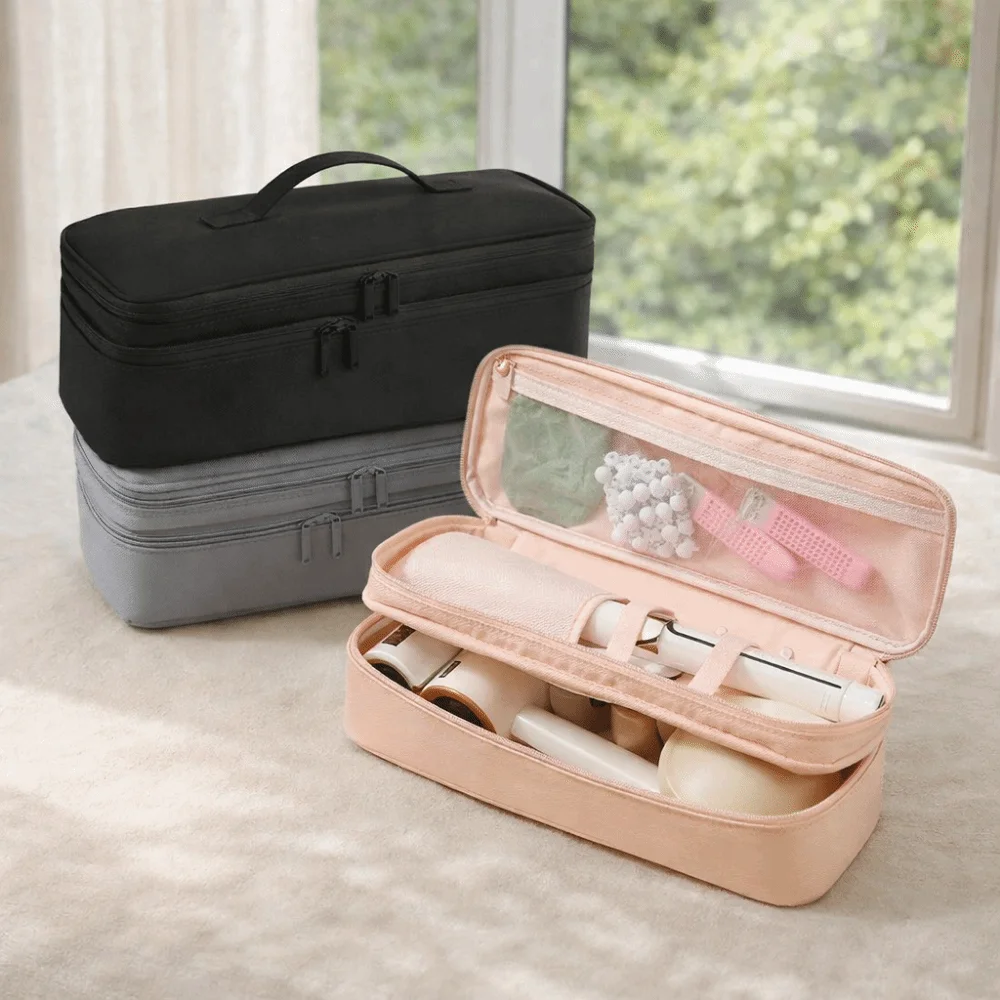 

Nylon Double Layer Hair Dryer Bag Large Capacity Solid Color Hair Dryer Storage Bag Waterproof with Handle Zipper Carrying Case