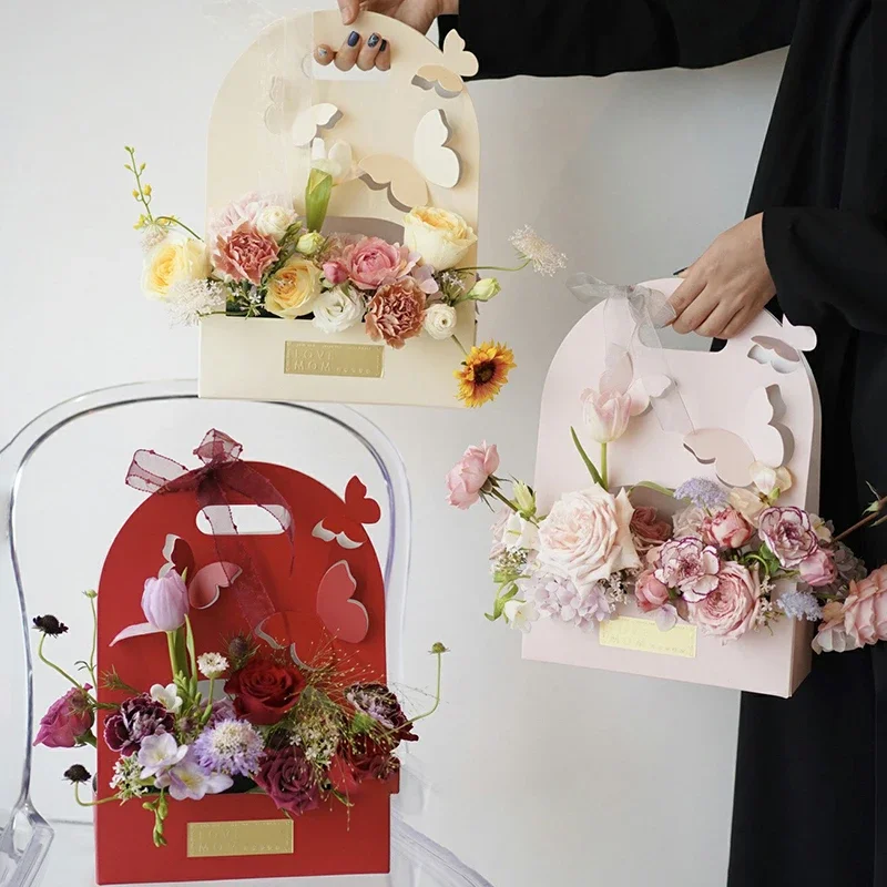 

Portable Wedding Favour Boxes 3D Butterfly Carrier Bag Pink Floral Arrangement Gift Paper Package Flower Bouquet Packaging Bag