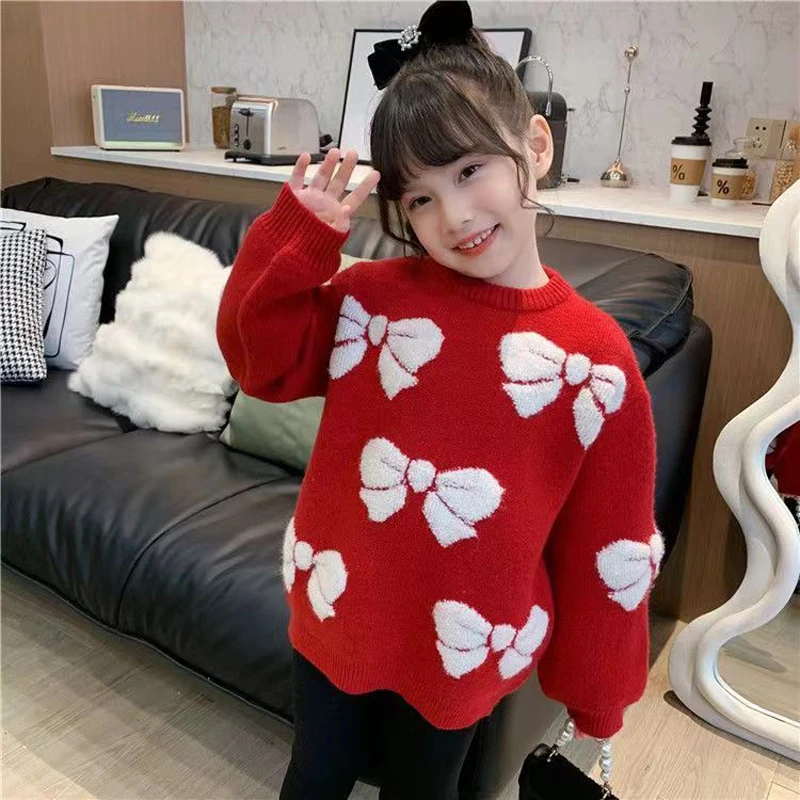 Girls Christmas Sweaters Autumn Winter New Bowtie Print Round Neck Knit Xmas Pullover For 4-12 Years Girls Warm Knitwear Top