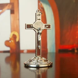 HTISOK Church Supply Metal Jesus Crucifix Table Cross Catholic Cross With Stand For Christ's Prayers Jerusalem Home Decor