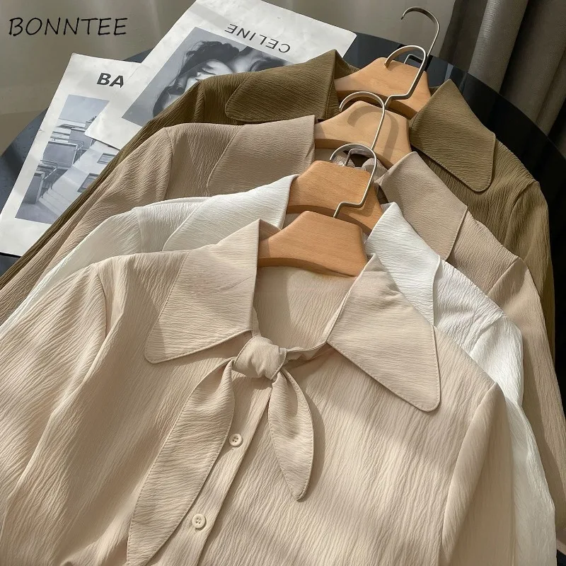 

Shirts Women Elegant Tender Sweet Fashion Temperament Design All-match Vintage Long Sleeve Korean Style Turn-down Collar Basic