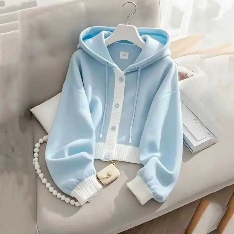 

Lazy Wind Female Hooded Sweater Jacket Autumn Winter New Women's Patchwork Cardigan Hoodies Advanced Ladies Loose Blue Tops Coat