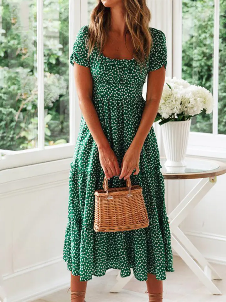Vestido Vintage con Estampado Retro, Manga Abullonada, Casual de Verano para Playa, Escote Cuadrado, Floral, Largo Maxi para Fiesta 3
