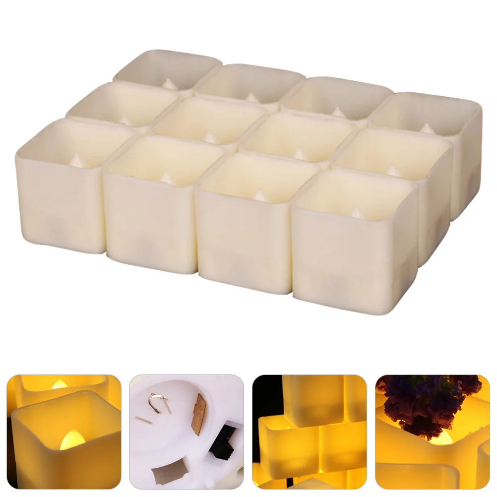 12 Pcs Square Light Smokeless Candles Electronic LED Tealight Kid-friendly Scene Layout Pp Lamp Button-operated