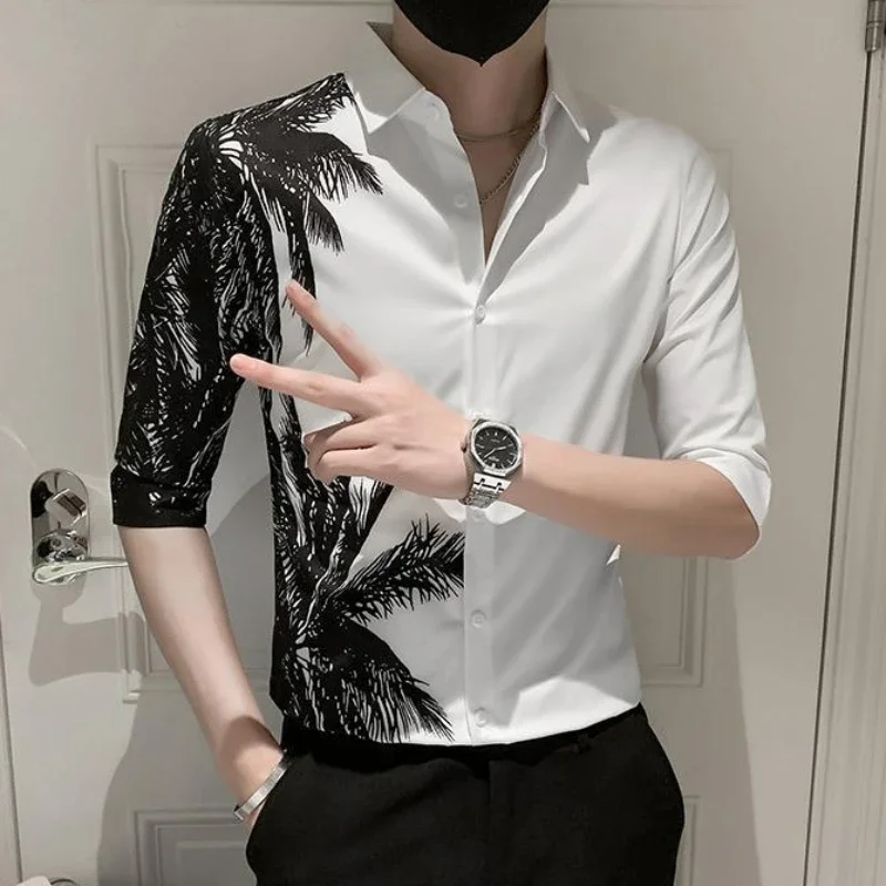 

Men's Shirt with Print Hawaiian Printed Male Shirts Half Sleeve Fashion 2024 Sleeves Normal Original Button Up Sale Silk New In