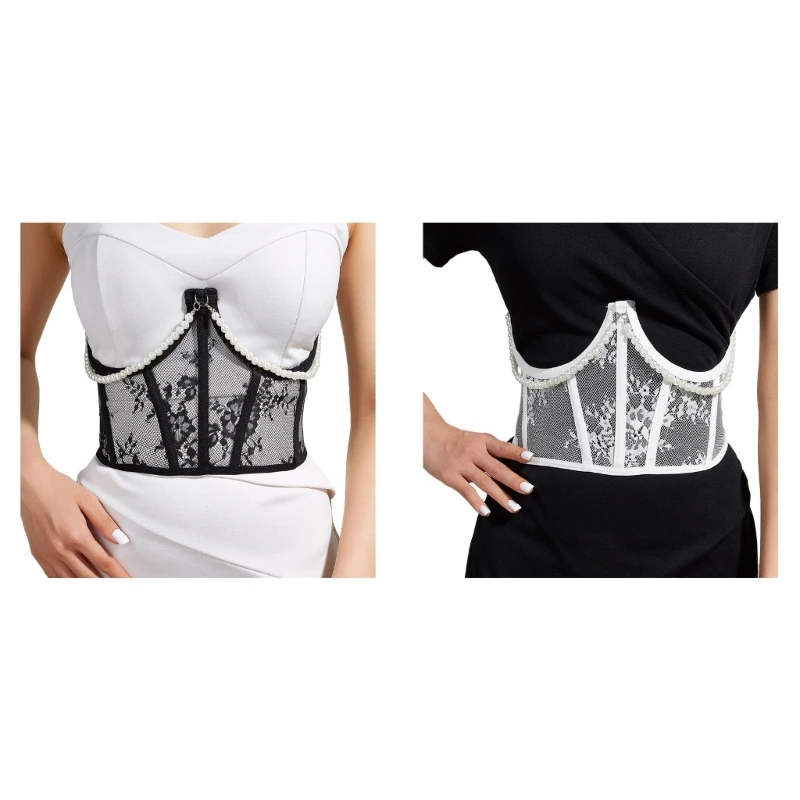 Delicate Female Waist Corset with Dangle Pearl Chain Waist Belt Woman Sheer Lace Pattern Slimming Waistband Corsets