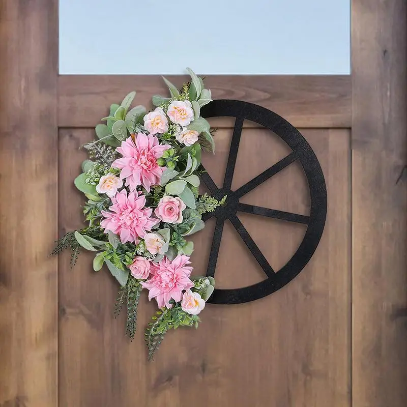 Wheel Wreath Pink Door Wheel Wreath With Silk Flowers 17 Inches Pink Flower Wreath Decoration For Indoor Outdoor Window