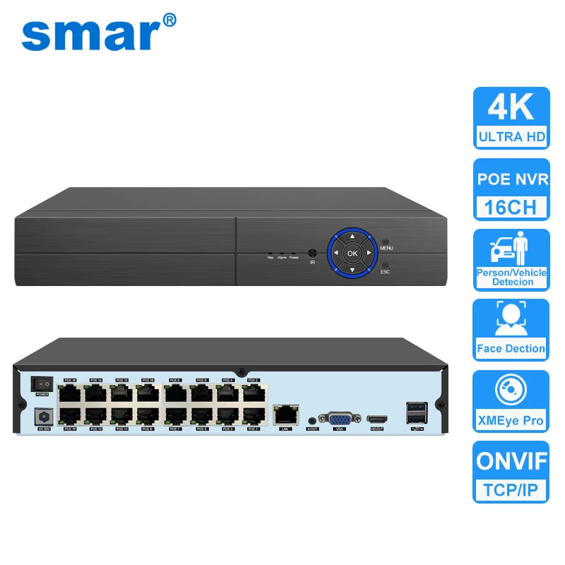 

Smar 16CH POE NVR H.265 Сетевой видеорегистратор для наблюдения POE IP-камера Домашнее видеонаблюдение Безопасность NVR Поддержка распознавания лиц