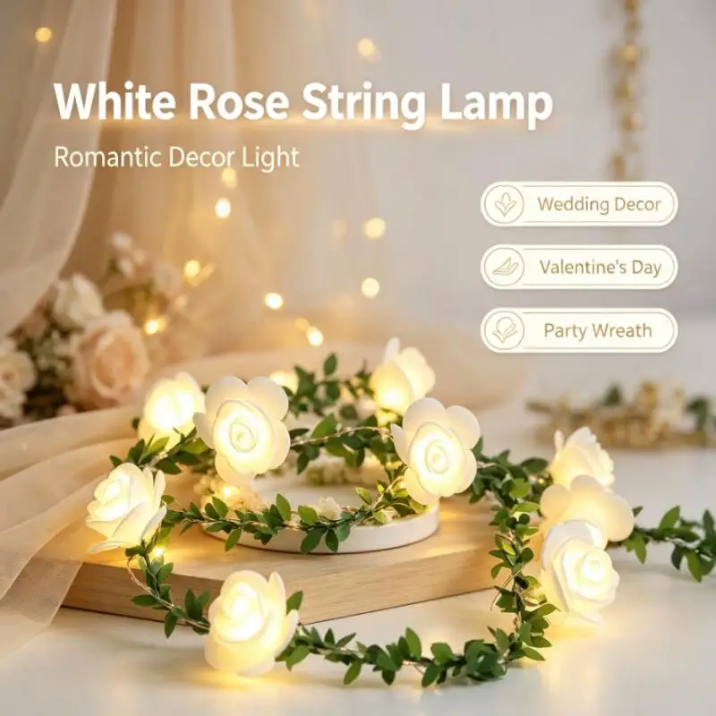 Battery Powered White Rose String Lights Fairy Lamp for Wedding Valentine Party Wreath Home Bedroom Decorative Ambient Lighting