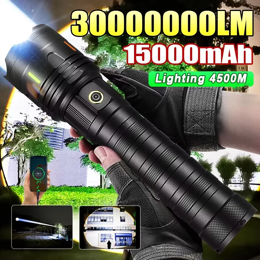 2025 New 15000mAh White Laser Flashlights 300000LM Ultra Powerful Flashlight Zoom USB Rechargeable Lantern Outdoor Camping Torch