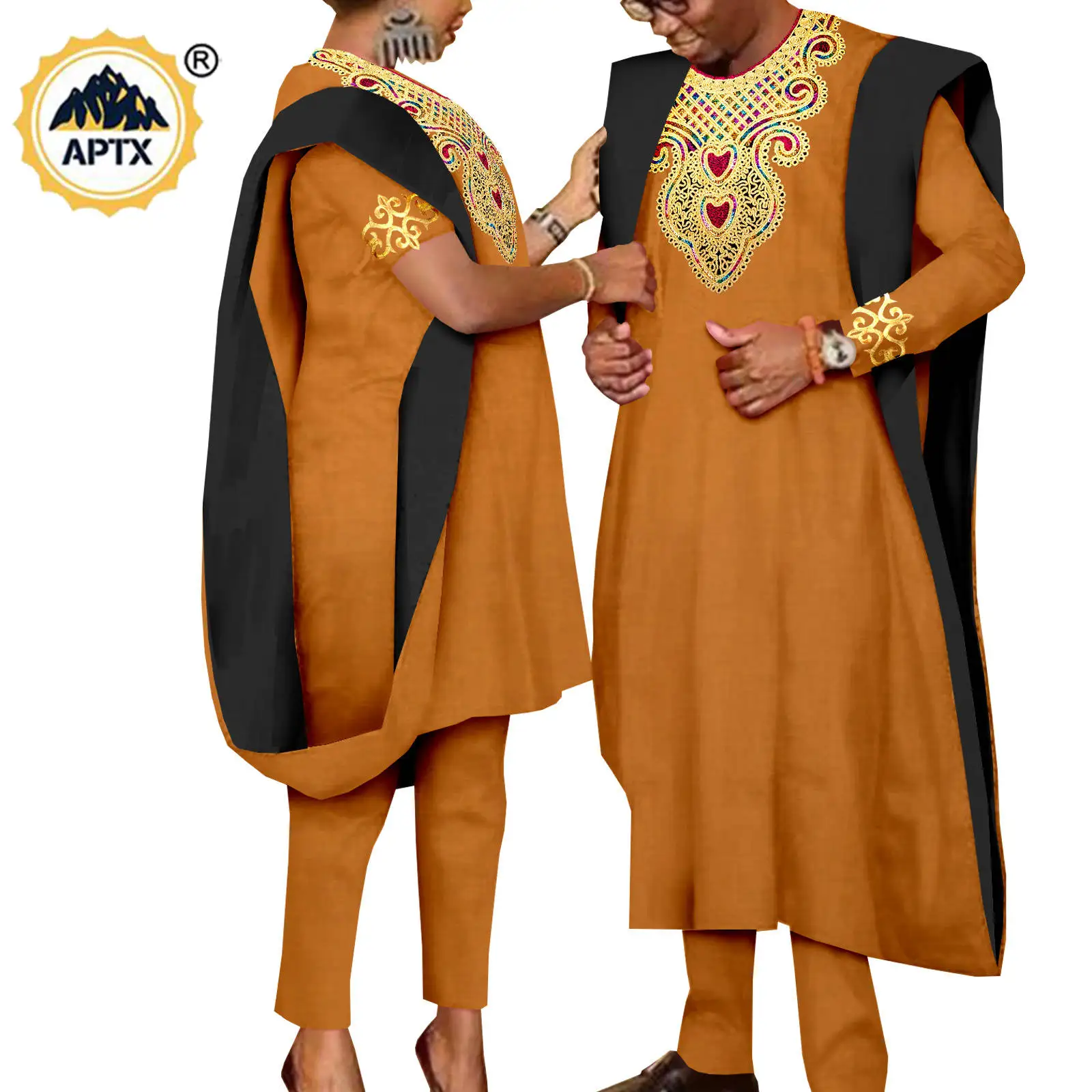 African 3 Pieces Suit for Men Matching Couple Outfits Agbada Dashiki Women Muslim Sets Bazin Riche Applique Robes Asoebi Y23C029