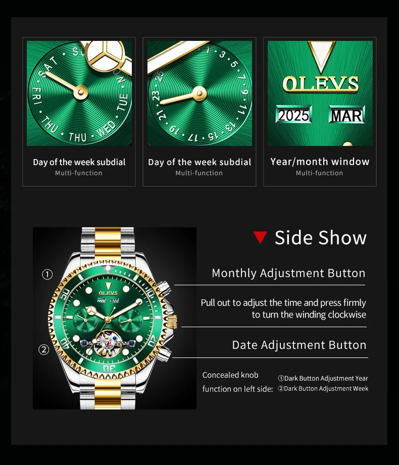 OLEVS 6605 Brand Original Skeleton Automatic Mechanical Man Watch Luxury Green Ghost Series Dual Calendar Business Wristwatches
