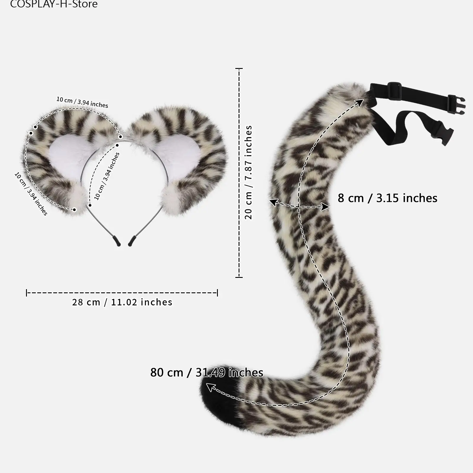 Halloween Animal Tail & Headband Set Snow Leopard Ears Headband Tail Kit Cosplay Costume Props for Party Fancy Dress