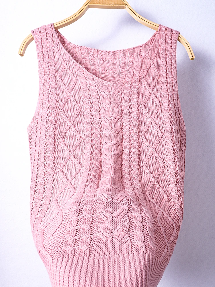 Women's Summer Elegantly V-Neck Knit Vest Solid Top Diamond Twist Wear Casual Fashion Knitted Vest