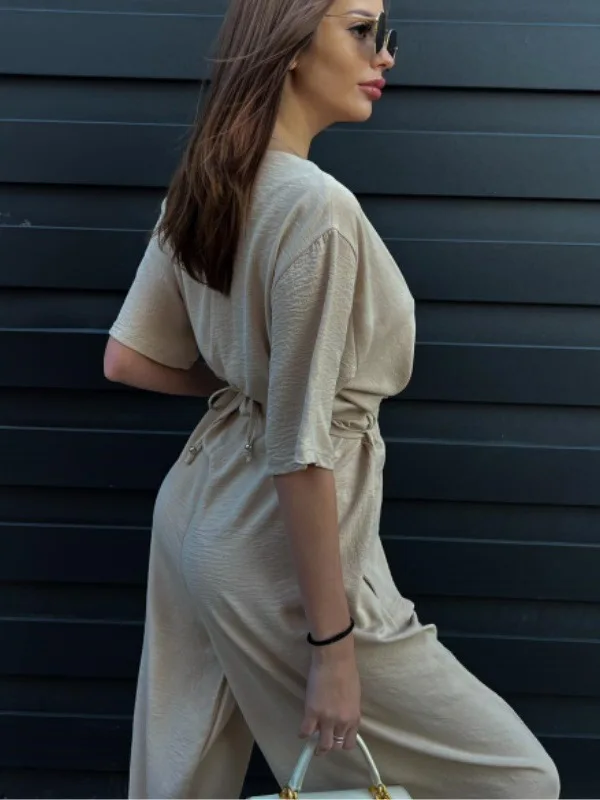 

Однотонный комбинезон с поясом на талии, женский цельный костюм, длинные брюки с высокой талией, уличная удобная летняя коллекция