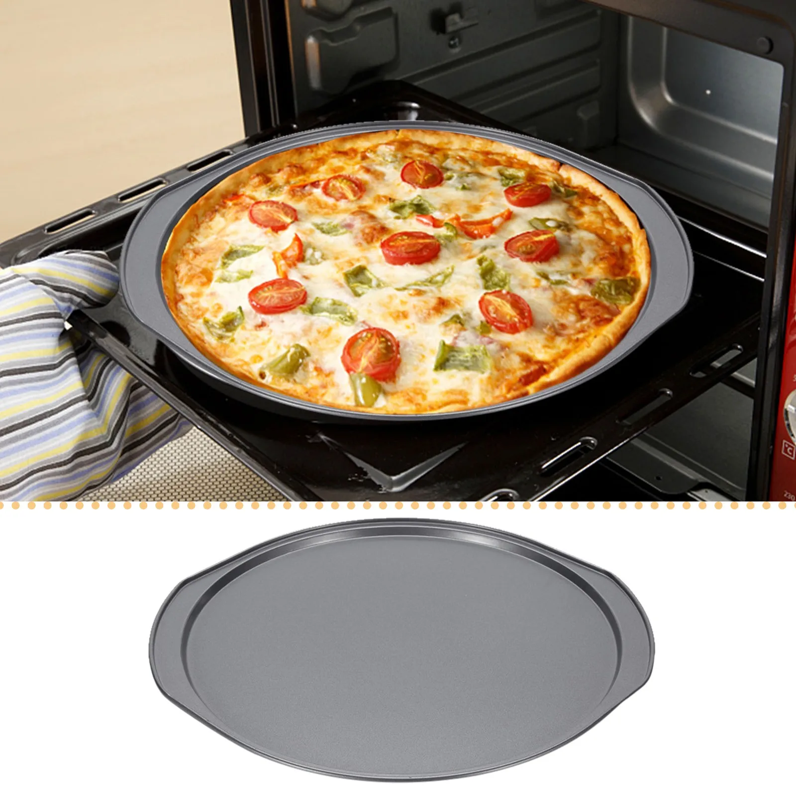 

1pc 13in Round Pizza Pan Microwave Oven Pan Chip Tray Dish Carbon Steel Non-Stick Mold Baking Tool Kitchen Supplies With Handle