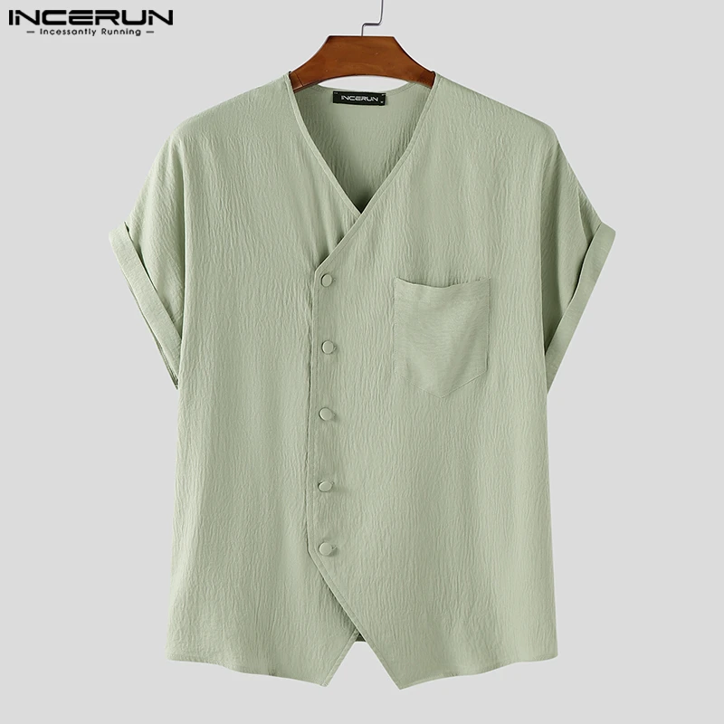 

Irregular Men T-Shirts Solid Color Tops INCERUN Summer Male Short Sleeve Tops Tee Buttons V Neck T Shirt Streetwear Oversize