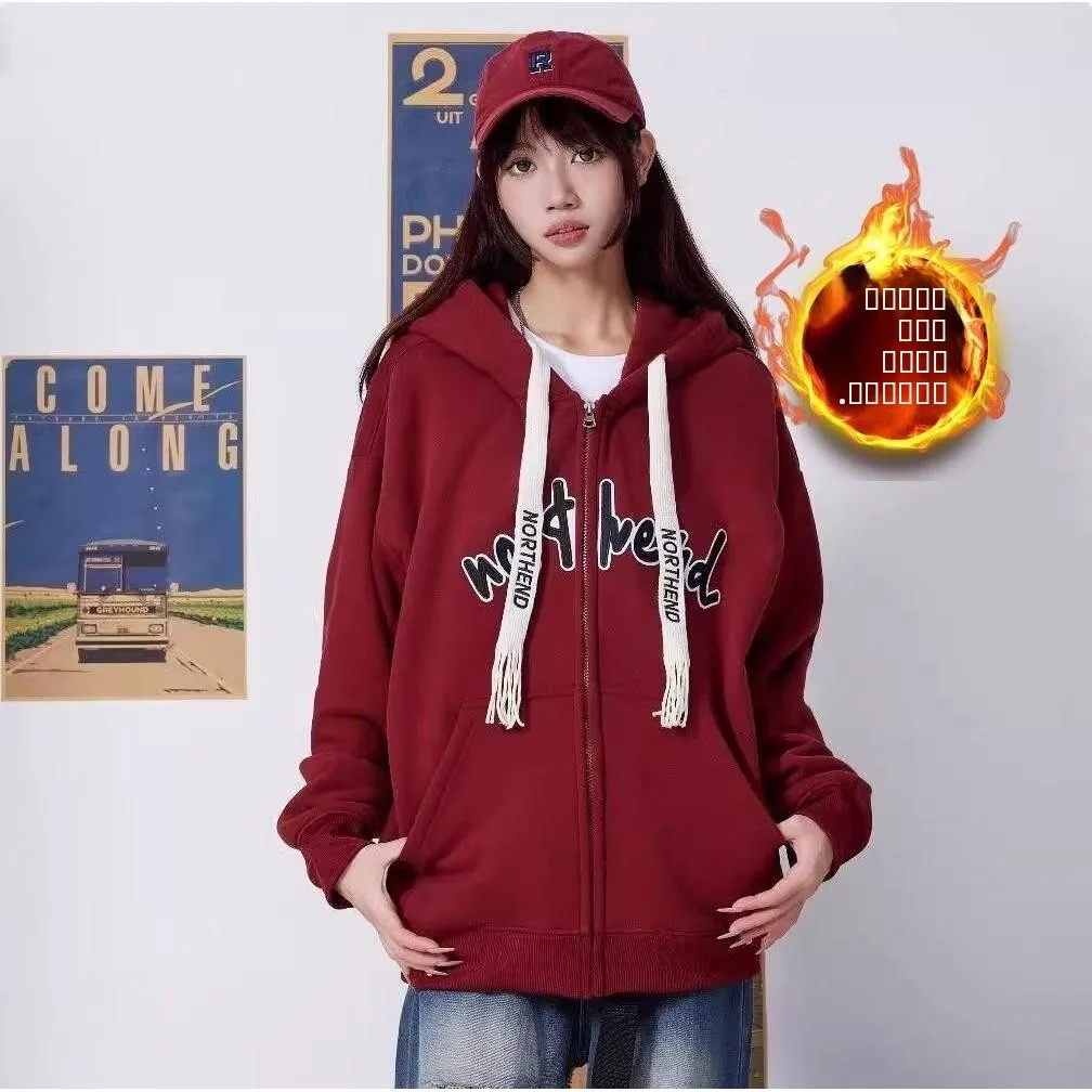 

Women's Fce-Lined Hoodie Jaet Loose Long Sve Zipper Letter Print Autumn Winter New Sle Faion Outerwear Coat