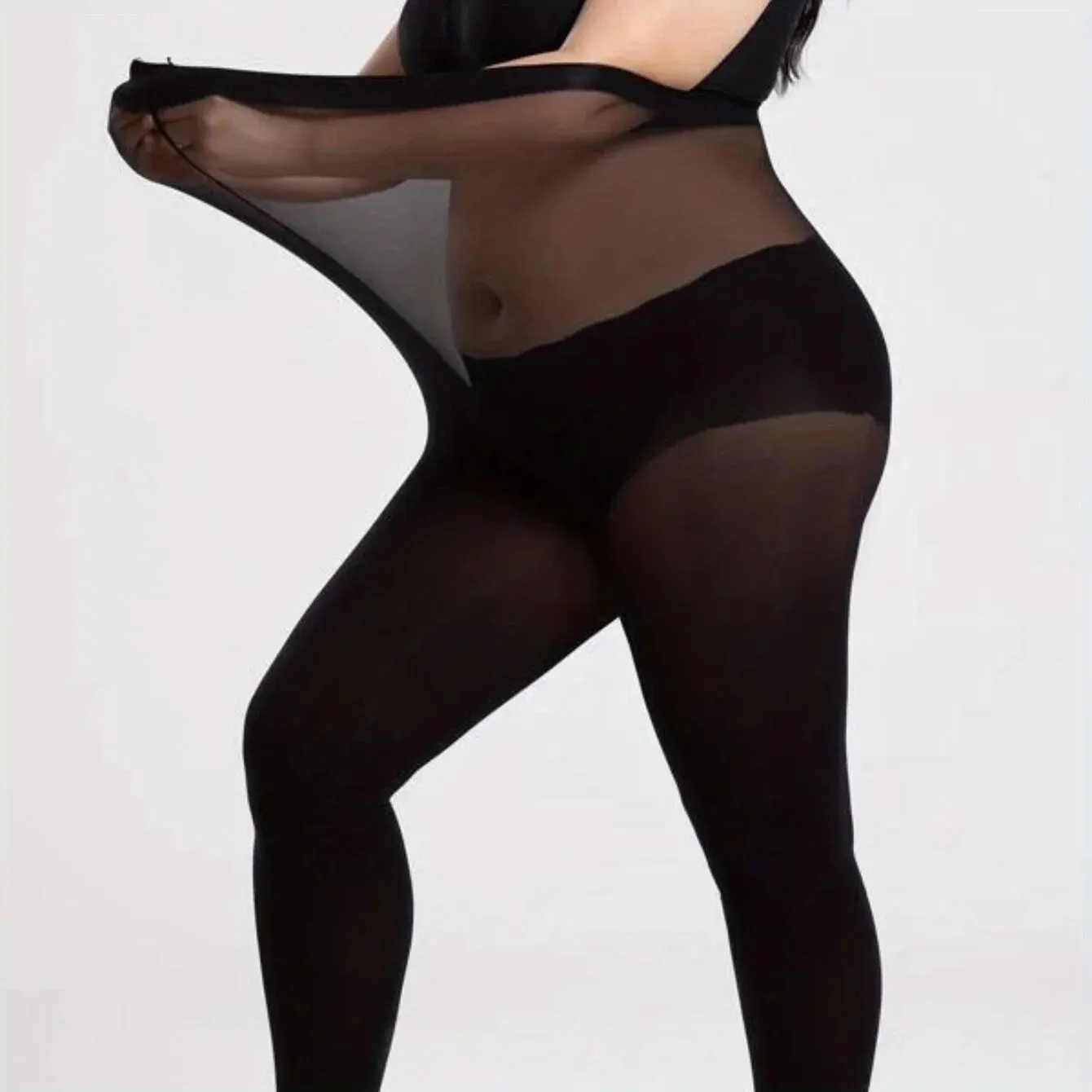 Plus Size Casual Stockings For 0XL-2XL, Women's Plus Solid Semi Sheer Footed Stretchy High Rise Tights