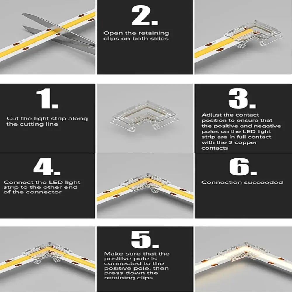 90 Degree COB LED Connectors 5/8/10mm Solderless L Shape Corner L Shape Cover Connectors For CCT FCOB RGB Strip Lights