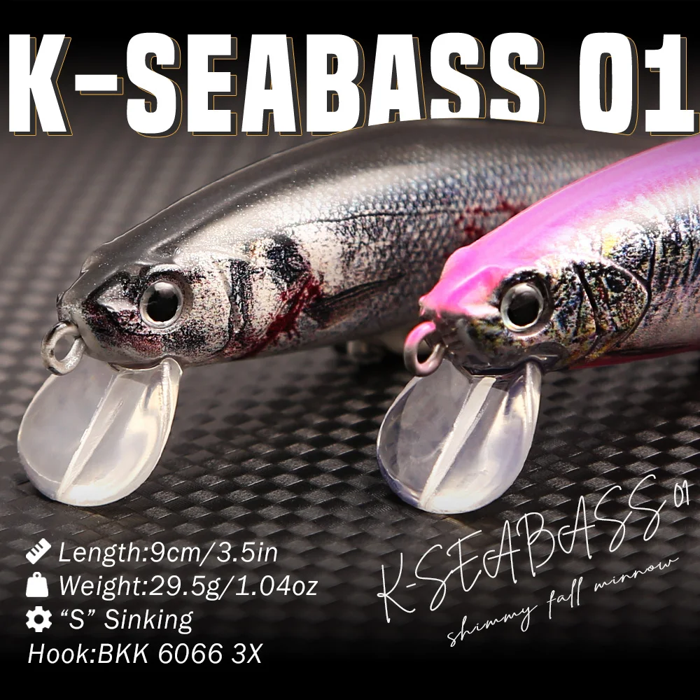B&U 3D K-SEABASS 01 Sinking Minnow Fishing Lure, 3D Revolution Tech Shimmer Fall Artificial Bait for Saltwater Seabass, Pike