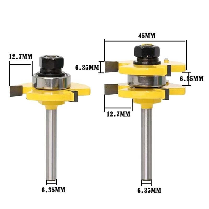 B62B 2Pcs 1/4inch Shank 3-Tooth Tongue & for Groove Router Bits T-Slot Milling Cutter for Wood Milling Woodworking