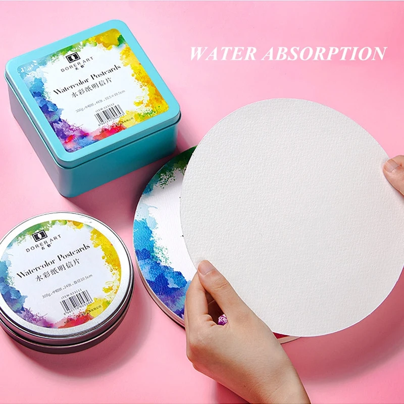 DORER Watercolor Paper Round Postcards  Portable Trave Rectangle Tin Box 24pcs 300g Cold Press Cotton Pulp Paper Acid-Free Books