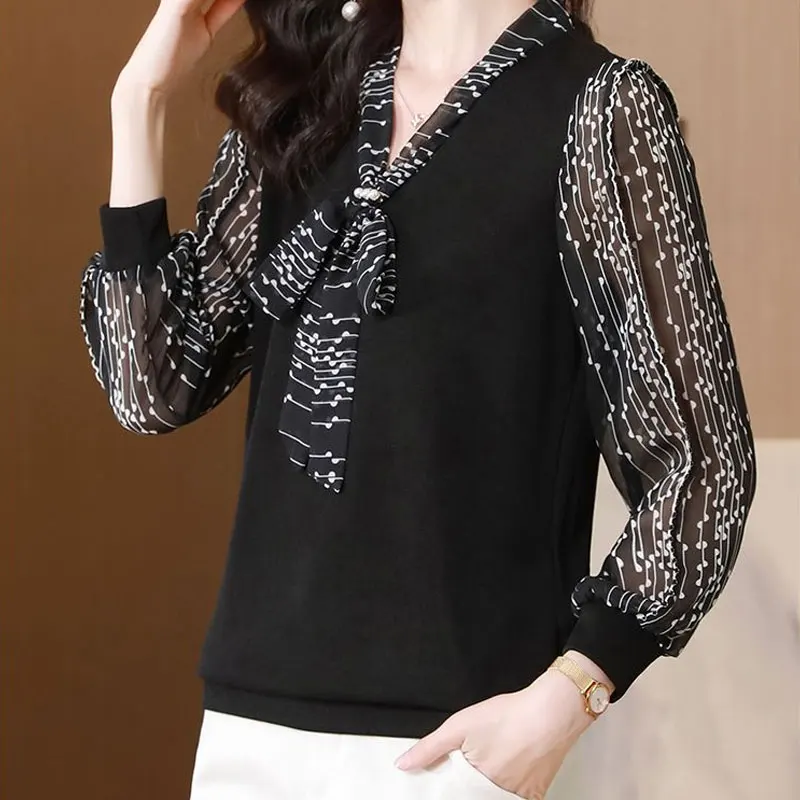 Female Clothing Broken Flowers Printed Blouse Commute V-Neck Fashion Drawstring Bow Beading Spring Patchwork Long Sleeve Shirt